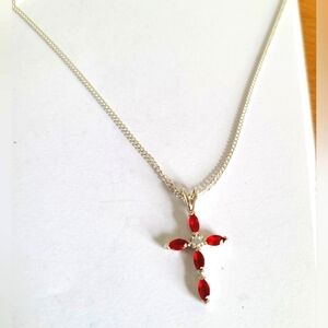 Vintage Boho Sterling Silver Red White Crystal Cross Pendant Necklace